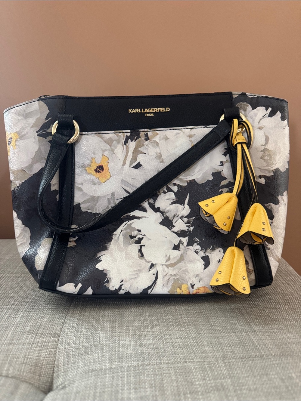 Karl Lagerfeld Black Floral Tote with Yellow Tassel Charms